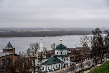ancient unique Nizhny Novgorod Kremlin made of red stone on a cloudy autumn day