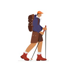 Concept of summer vacation, hiking, tourism, outdoor activities. Vector illustration of a young man doing nordic walking or trekking with backpack