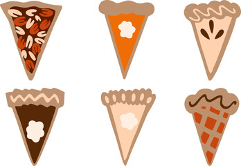 Pumpkin Pie Slices Vector Illustration set on white background. Perfect for any Thanksgiving project or theme. Suitable for web design, print, Perfectly suited for traditional media and web. Great for