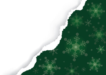 Green christmas background with torn paper.
 Illustration of ripped paper with snow flakes. Place for your text or image. Vector available.