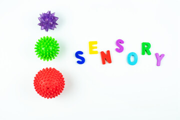 Sensory word and tactile massage ball. Sensory integration dysfunction, processing disorder.Therapy...
