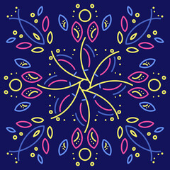 Flowers on darck blue backgraund, pattern, pink. yellow, light blue, symmetrical linear drawing