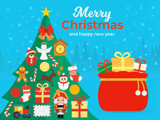 Merry Christmas and Happy New Year greetings concept design flat. Christmas tree and bag with christmas gifts. Vector illustration