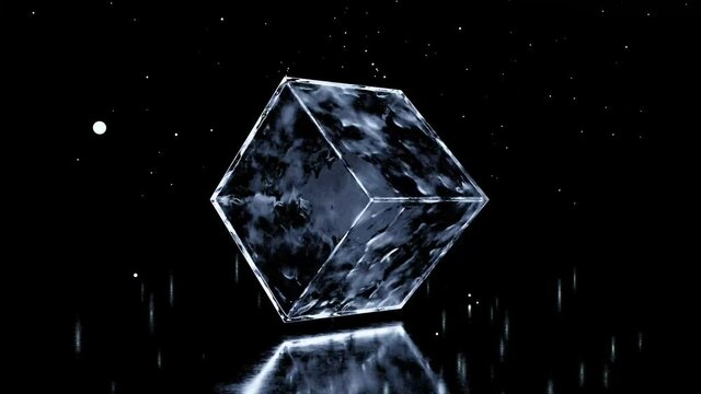 A metal cube is rotating in an ice cube on the black background