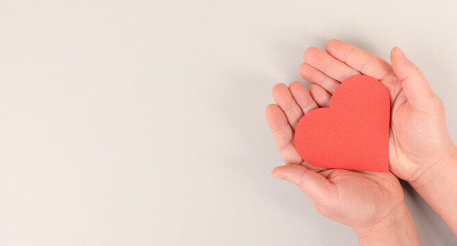 Woman is holding a red heart in her hand, grey colored background, copy space