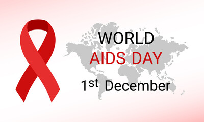 World AIDS Day text. 1 December. Red awareness ribbon and world map. Vector poster illustration