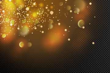Golden particles. Starry sky. Glowing yellow bokeh circles.
