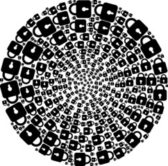 Lock icon cyclone round mosaic. Lock icons are organized into cluster twist vector illustration. Abstraction round cluster collage is organized from regular lock icons.