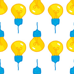 A pattern of a yellow light bulb. A hand-drawn isolated cartoon-style element made of a bright yellow round-shaped light bulb with a blue base and wire is often placed on white for a design template. 