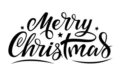 Merry Christmas handwritten lettering. Black text with stars isolated on white. Xmas holidays typography. Vector celebration sign for winter holiday design, postcard, banner and sticker