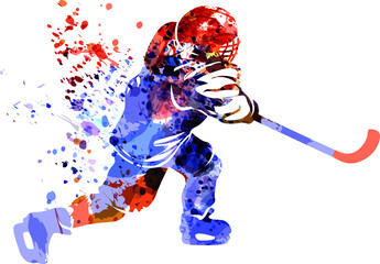 Vector watercolor silhouette of a hockey player