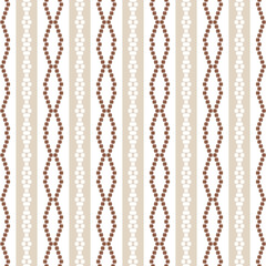 Geometric seamless pattern of brown coffee squares in a flat style ornament in the form of pixels. Vertical embroidery dotted schemes. Textile geo prints.