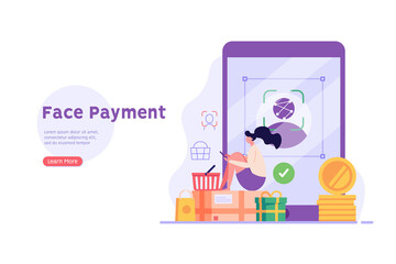 Woman using technology face recognition for payment. Client shopping online with biometric. Concept of face payment, facial recognition, customer identification. Vector illustration in flat design