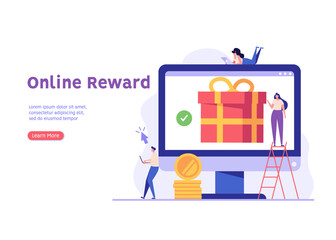 People with gadgets send or receive an online gift. Concept of online gift, reward program, online gift purchase. Vector illustration in flat design for web banner, ui.