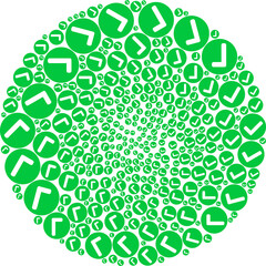 Yes mark icon twirl spheric composition. Yes mark items are formed into spheric curl mosaic structure. Abstraction round cluster mosaic combined from regular yes mark items.