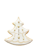 sweet gingerbread cookies covered with icing in the shape of a christmas tree isolated on a white background