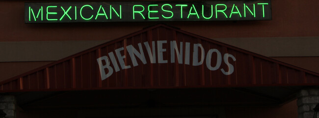 Mexican Restaurant Neon Sign With Bienvenidos printed on metal Building- Spanish For Welcome