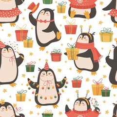 Obraz na płótnie Canvas Winter seamless pattern with funny penguins and gifts. Cute animals are celebrating the holiday.
