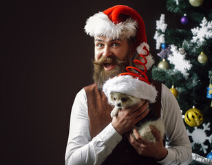 Funny Santa claus man with pet dog. Party celebration and christmas with pets. Pomeranian Spitz.