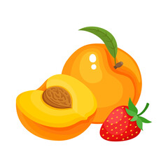 Cartoon bright natural strawberry and peaches isolated on white