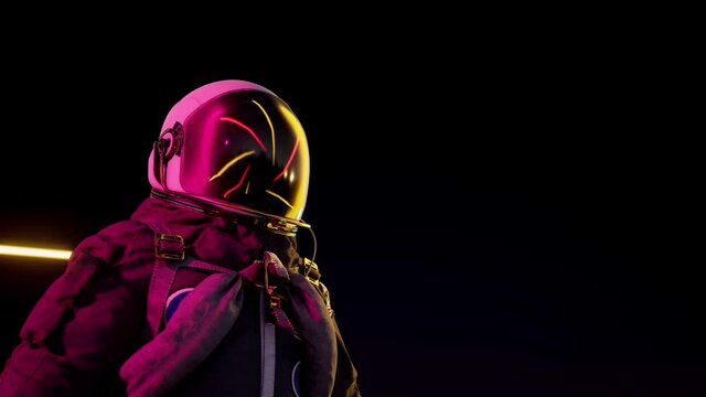 Astronaut among neon laser beams. Retrowave loop 3d animation. 4k footage
