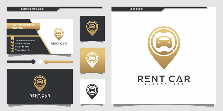 Abstract car rental logo design with modern gold gradient colour and business card Premium vekto