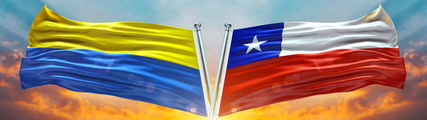 Ukraine flag and Chile Flag waving with texture sky Cloud and sunset Double Flag  © Flag Store