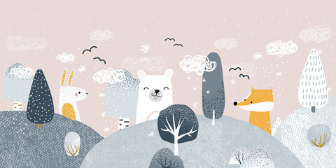 Cute pastel winter forest landscape with animals. Childish trendy print. Vector hand drawn illustration.