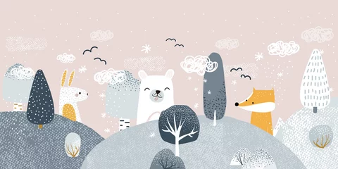 Wall murals Childrens room Cute pastel winter forest landscape with animals. Childish trendy print. Vector hand drawn illustration.