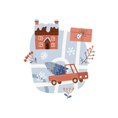 Cute Christmas greeting card - invitation template with map of snowy town. Hand drawn streets, houses and car. Winter scandinavian design. Vector flat hand drawn illustration background.
