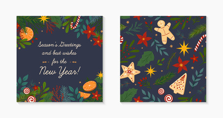 Fototapeta na wymiar Christmas and Happy New Year greeting banner and seamless pattern.Festive vector layouts with hand drawn traditional winter holiday symbols.Xmas designs for banners,invitations,prints,social media.
