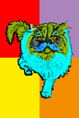 Primer plano de gato caminando con colores vivos en estilo POP ART, vida animal, arte, naturaleza.