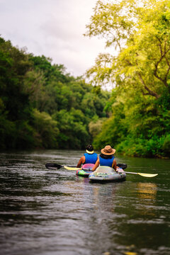 Rear view of people kayaking on calm river surrounded with trees