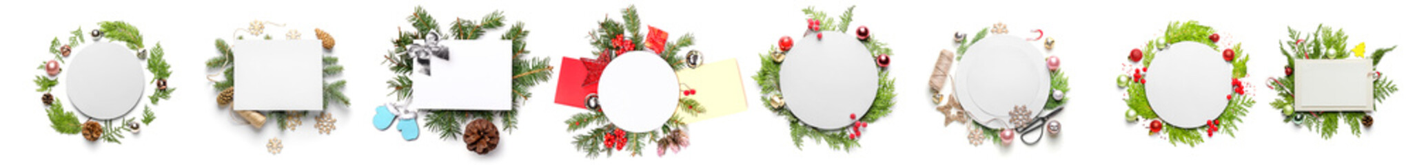 Set of blank greeting cards with beautiful Christmas decor on white background