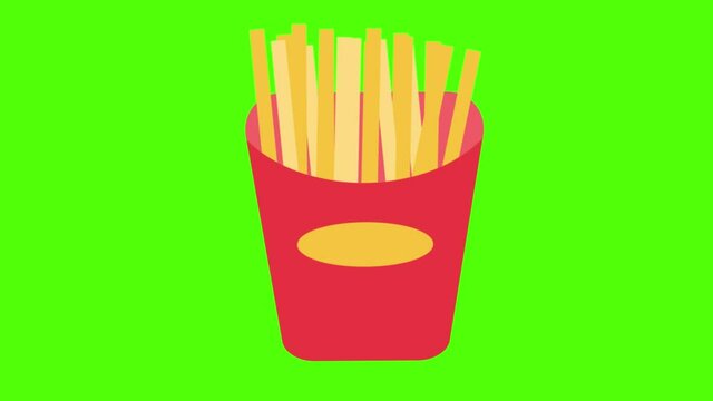 An animation of a box of french frie on a green screen background for chroma keying