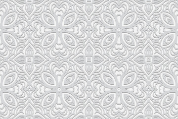 Embossed white background design, decorative banner with geometric volumetric convex ethnic 3D pattern. Vintage oriental, Indian, Mexican, Aztec style, doodling technique, art deco.