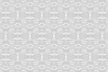 Obraz premium Embossed white background design, modern banner with geometric volumetric convex ethnic 3D pattern. Vintage oriental, Indian, Mexican, Aztec style, doodling technique, art deco.