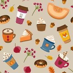 Autumn pastry and drinks flat seamless pattern. Pumpkin spice latte and cupcakes vector wallpaper.