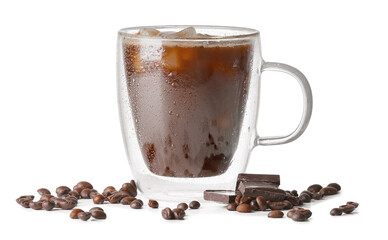 Glass cup of tasty iced coffee, beans and chocolate on white background