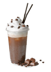 Plastic cup of tasty iced coffee, beans and chocolate candies on white background