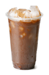 Plastic cup of tasty iced coffee on white background
