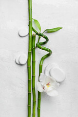 Bamboo branches with flower and spa stones on white background
