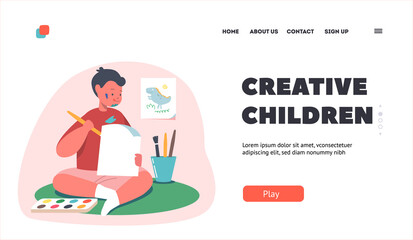 Creative Children Landing Page Template. Kids Painting on Paper Sheet Sitting on Floor. Little Boy Character with Paints