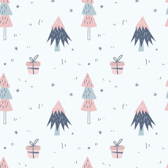 Christmas tree, snowflakes and gifts boxes seamless pattern. Vector illustration in childish hand-drawn Scandinavian style. A limited blue pink