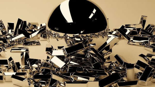 3D rendering. A gold ball fall and crashes into a ring of gold bars. Business and wealth concept.