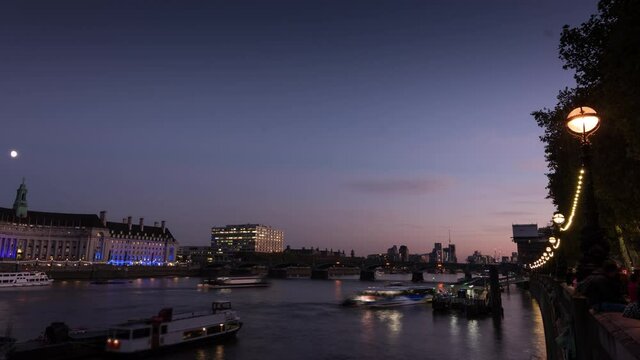 London, England, City Area Buildings Time Lapse Thames River Sunset
