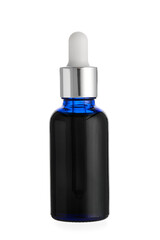 Bottle of essential oil on white background
