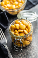 Pickled yellow Lupin Beans in jar.