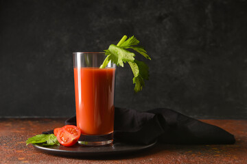 Plate with glass of bloody mary on table - obrazy, fototapety, plakaty