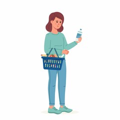 Young woman buyer consumer customer character choosing food products in supermarket holding bottle in hand. Daily life recreation illustration. Shopping, sale, coice, store, buy concept.